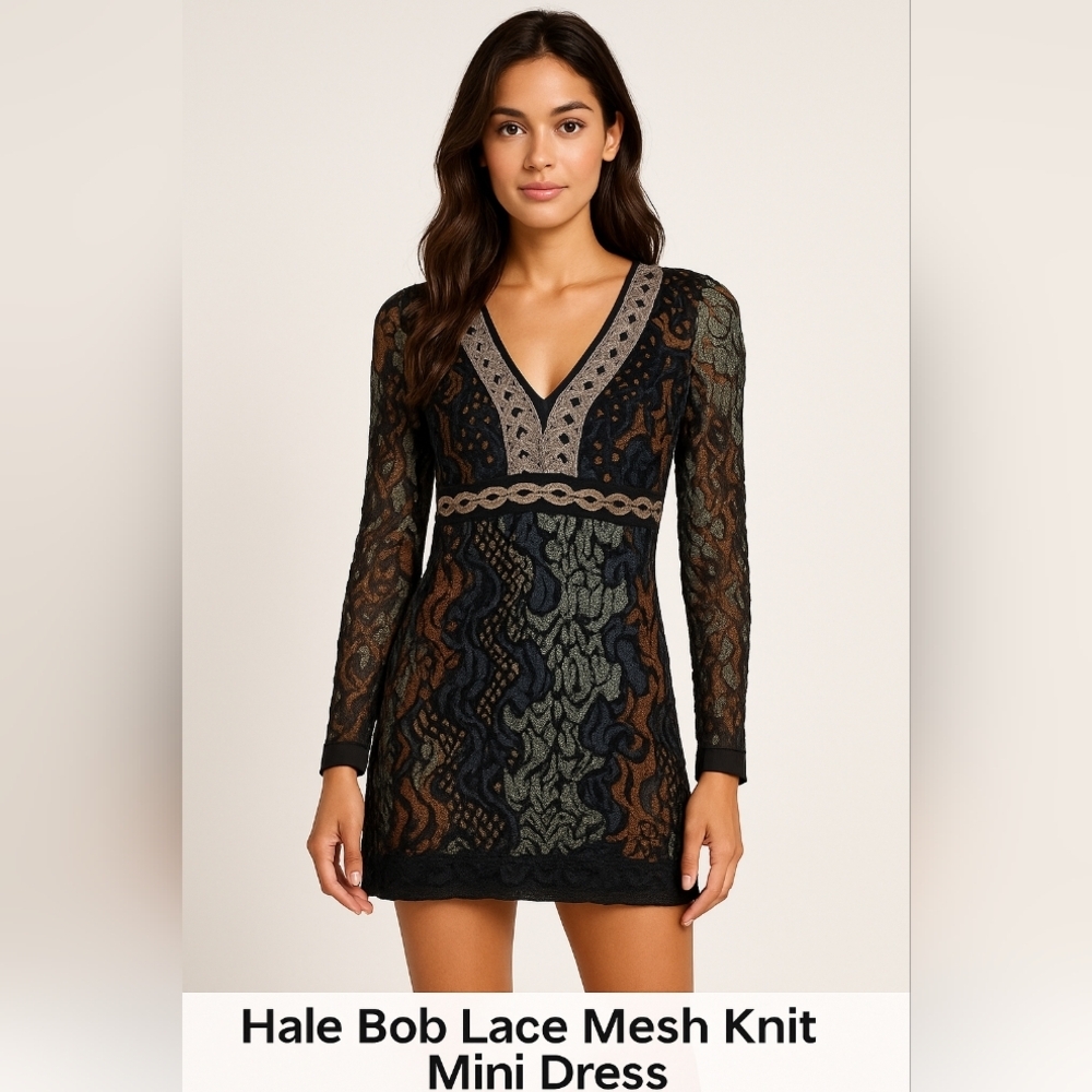 Hale Bob Black Lace Overlay Long Sleeve Mini Dress V-Neck